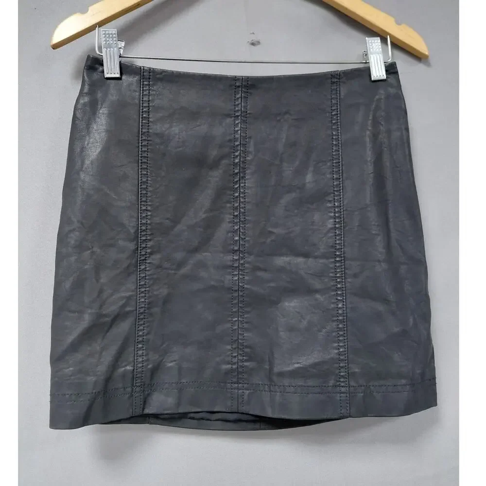LA9 Free People Metal Black Leather Exposed Back Zip Mini Skirt Women Size 4